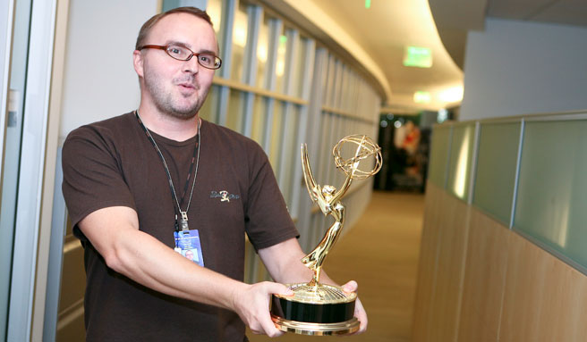 Markus Hagen backstage holding Emmy