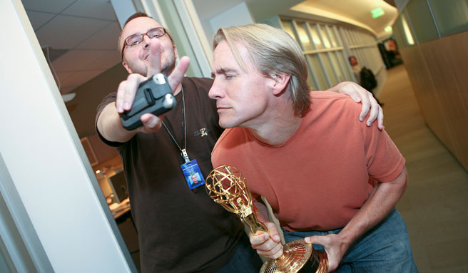 Markus Hagen backstage holding Emmy